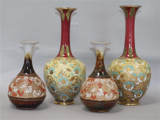 Two pairs of Doulton Slaters Patent narrow neck vases, H 26cm & 18cm